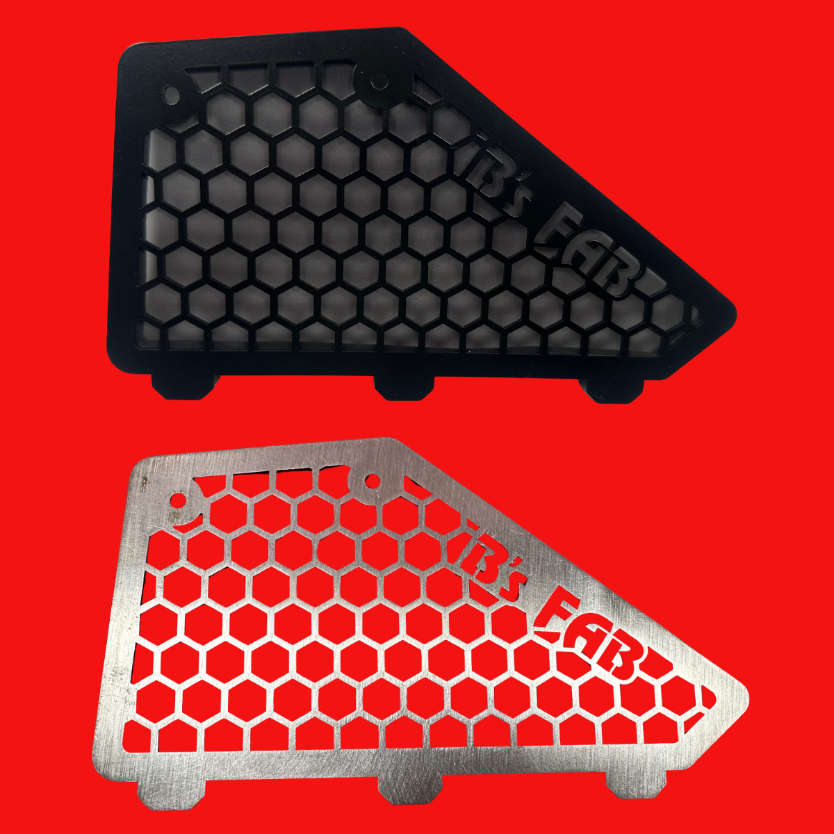Black and silver honeycomb metal vent covers on red background.