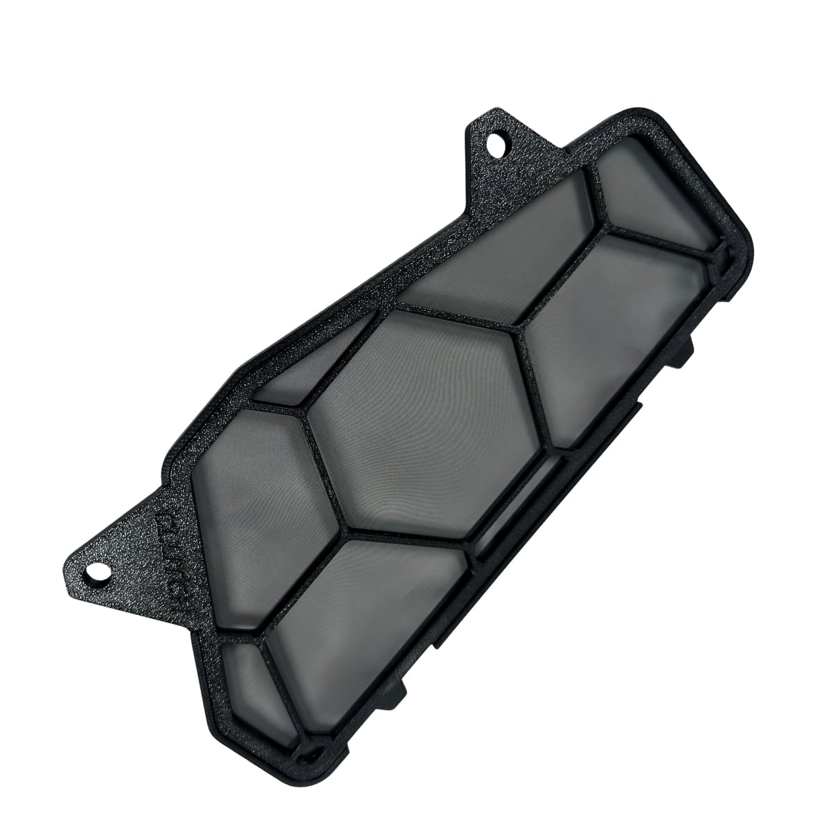 Black honeycomb mesh filter with mounting holes on white background.