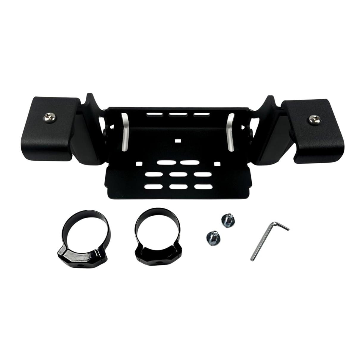 Black metal mounting bracket kit with clamps and tools.